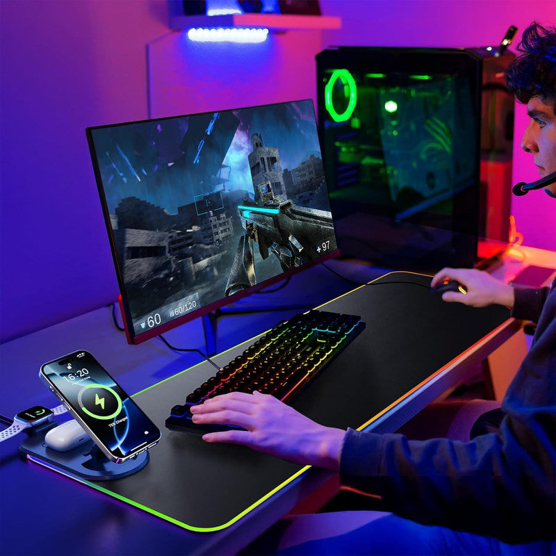 Wireless Charging Mouse Pad 15W RGB Gaming Mousepad Waterproof Desk Mat with Phone Holder 35.4''x11.8'' Extra Large Desk Pad Non-Slip Base Computer Keyboard Mat for PC Laptop, Blue