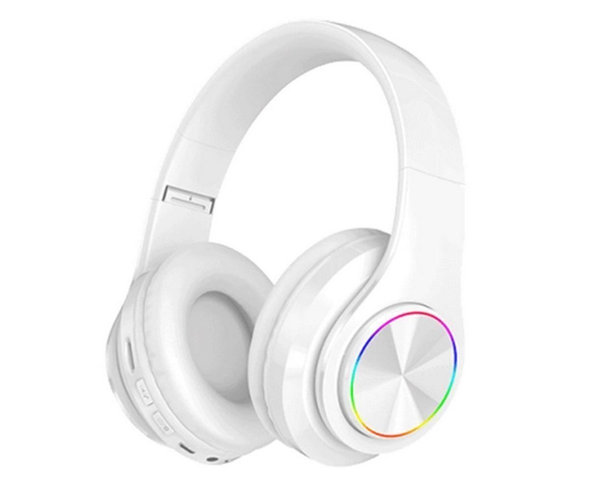 JX-59 foldable Bluetooth headphones in white with RGB-trimmed earcup and side control buttons