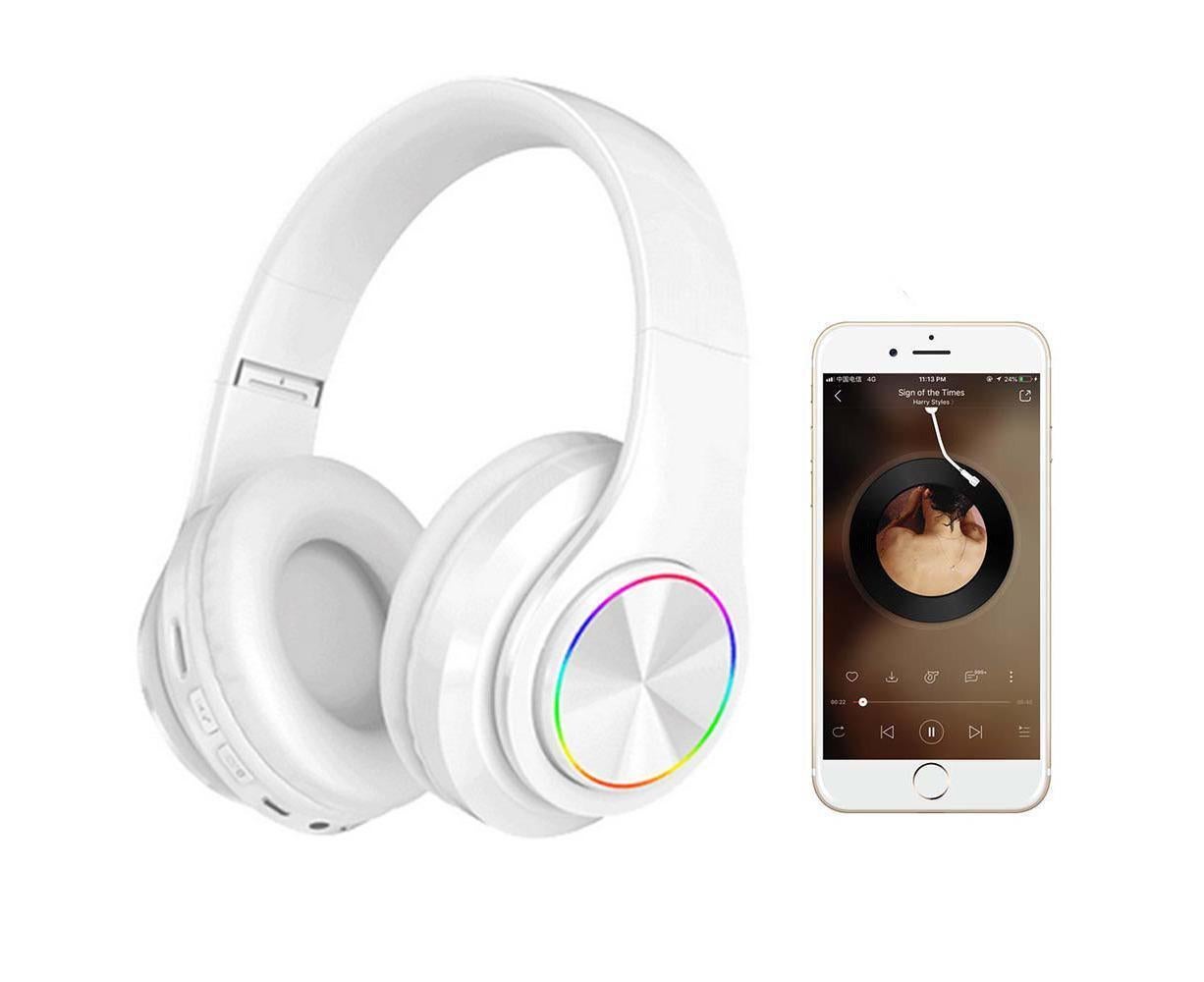 JX-59 white Bluetooth headphones paired with a phone showing music playback app onscreen