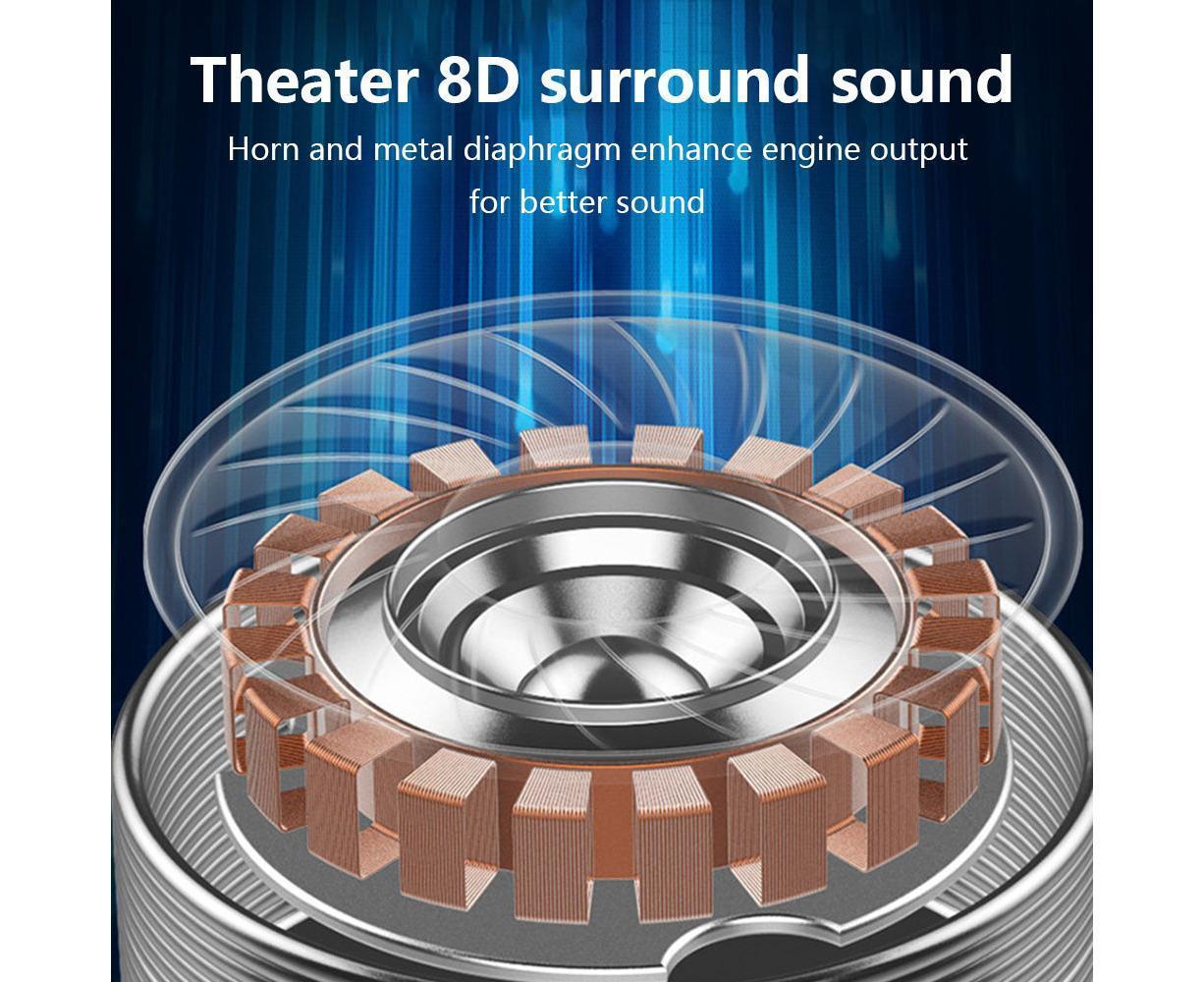 JX-59 driver cutaway with copper coil and metal diaphragm illustrating 8D surround sound feature