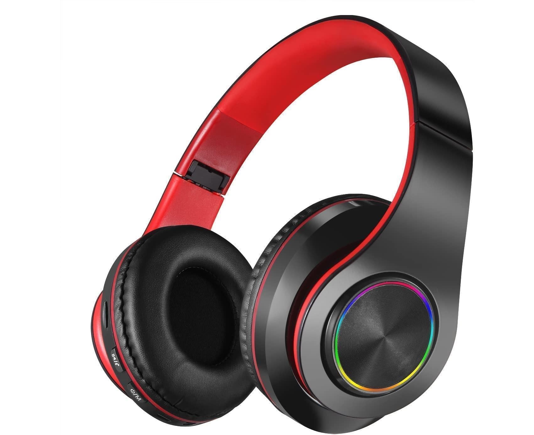 JX-992 foldable Bluetooth headphones in black and red with RGB earcup ring and side control buttons