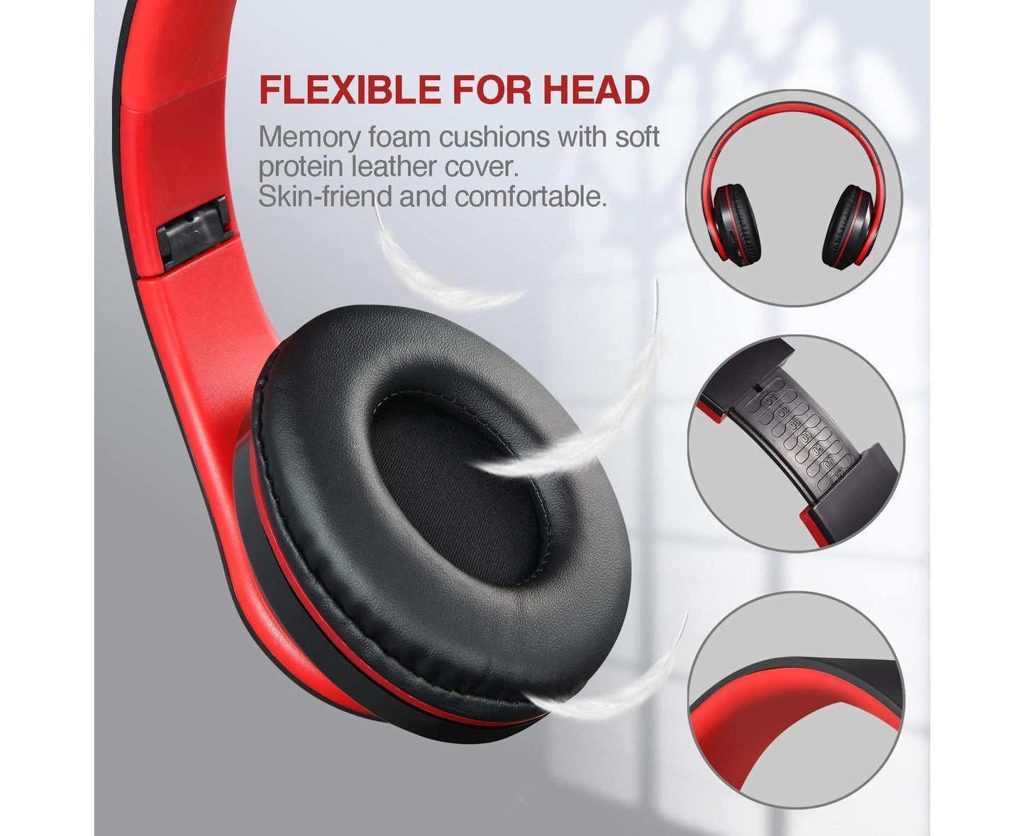 Close-up of JX-992 black memory-foam earcup with red trim, labelled flexible-for-head comfort feature