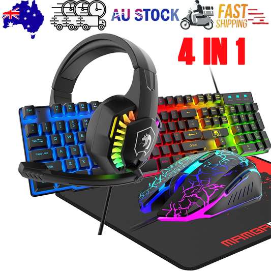 4-in-1 gaming bundle with RGB keyboard, headset, crackle-pattern RGB mouse and mouse pad, top view