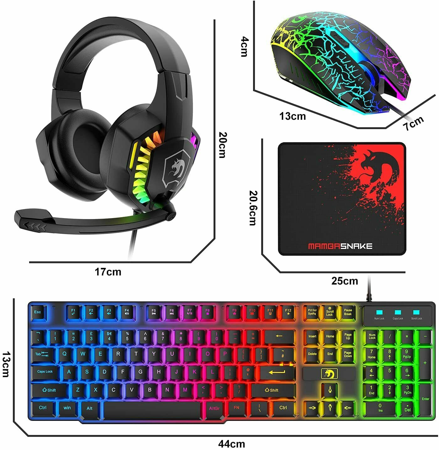 Gaming bundle component sizes for the rainbow RGB keyboard, headset, crackle RGB mouse and Mambasnake mouse pad