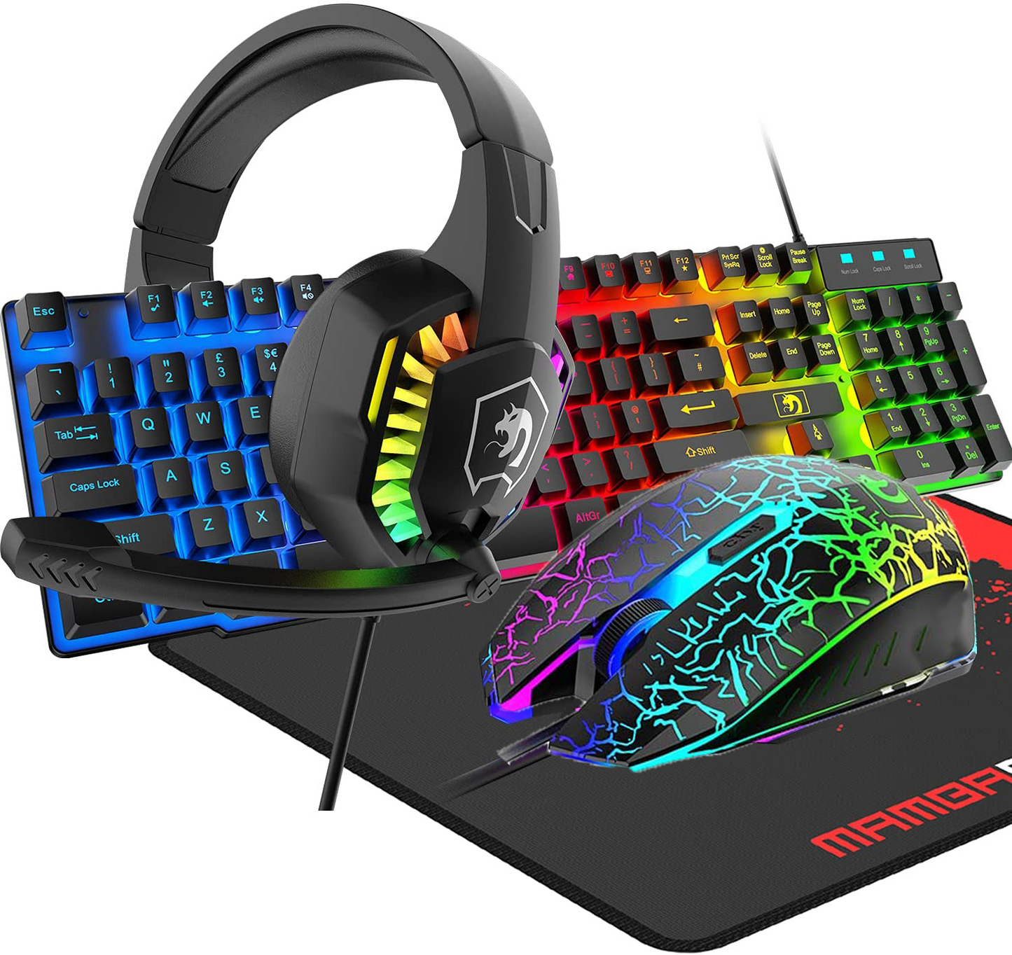 Group shot of the 4-in-1 bundle: RGB keyboard, gaming headset, lit RGB mouse and Mambasnake mouse pad