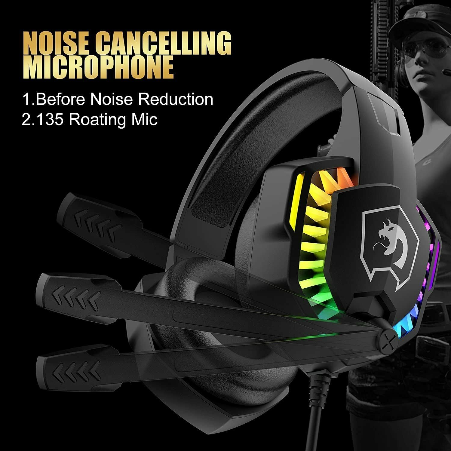 Bundle gaming headset with rainbow RGB earcup lighting and noise-cancelling 135-degree rotating boom mic