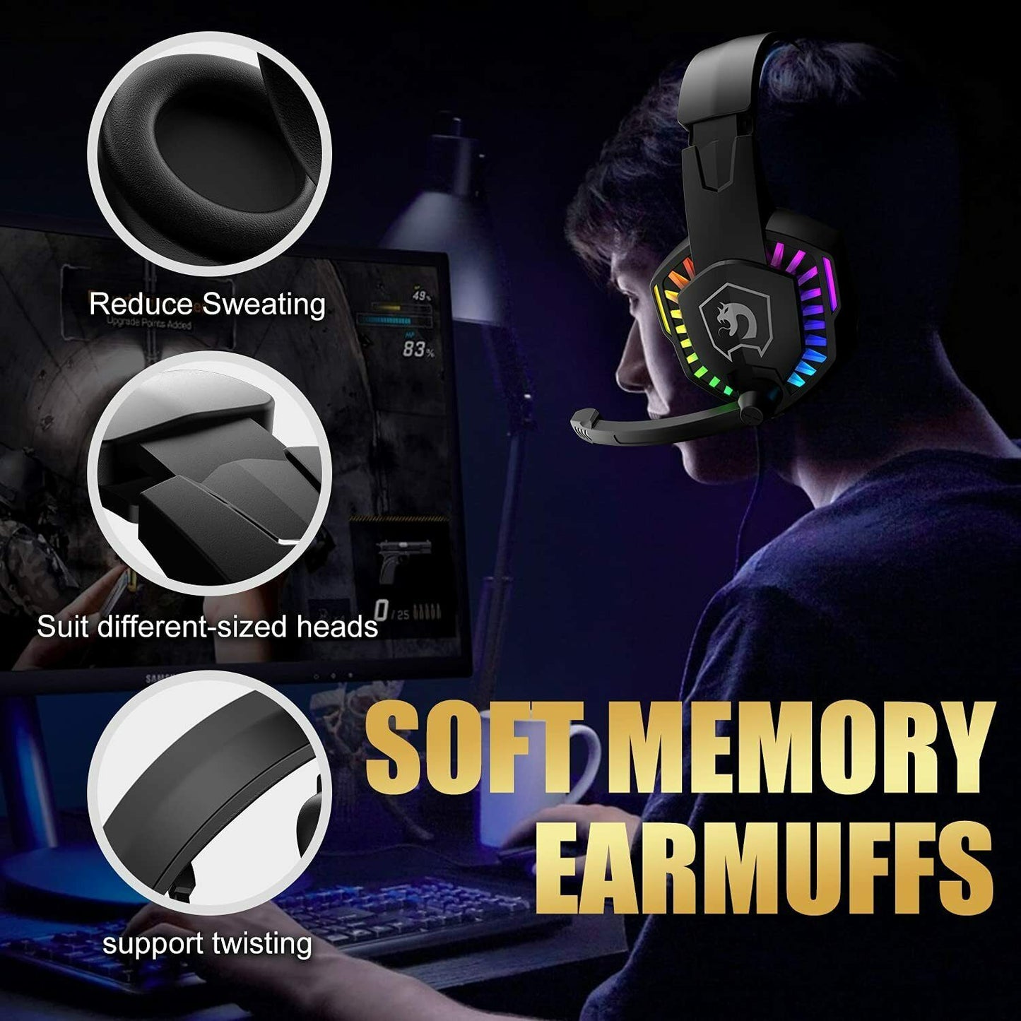 Gamer wearing the bundle's RGB headset with soft memory earmuff cushion and twisting headband detail insets