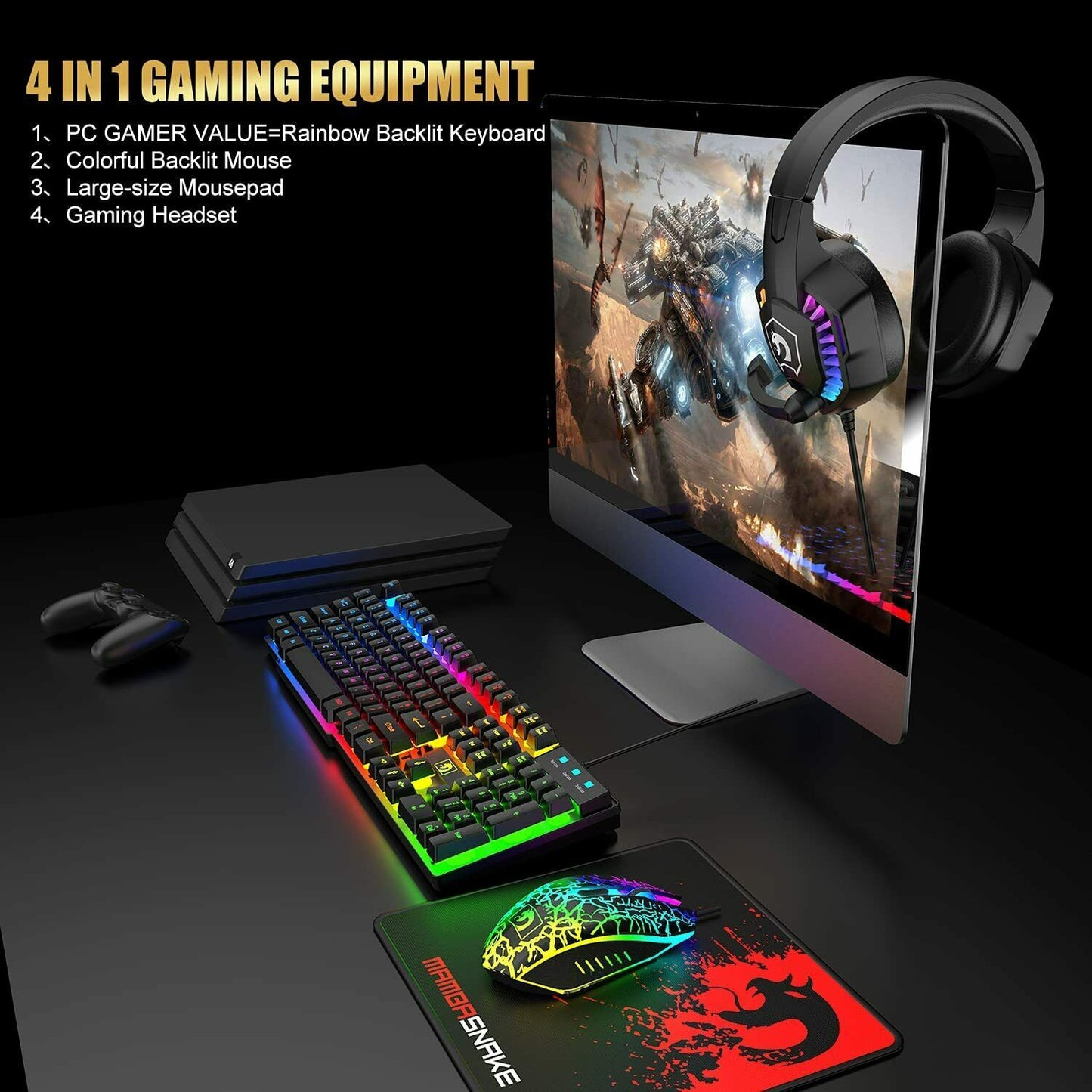 Gaming setup with the 4-in-1 bundle's RGB keyboard, mouse, mouse pad and headset around a monitor