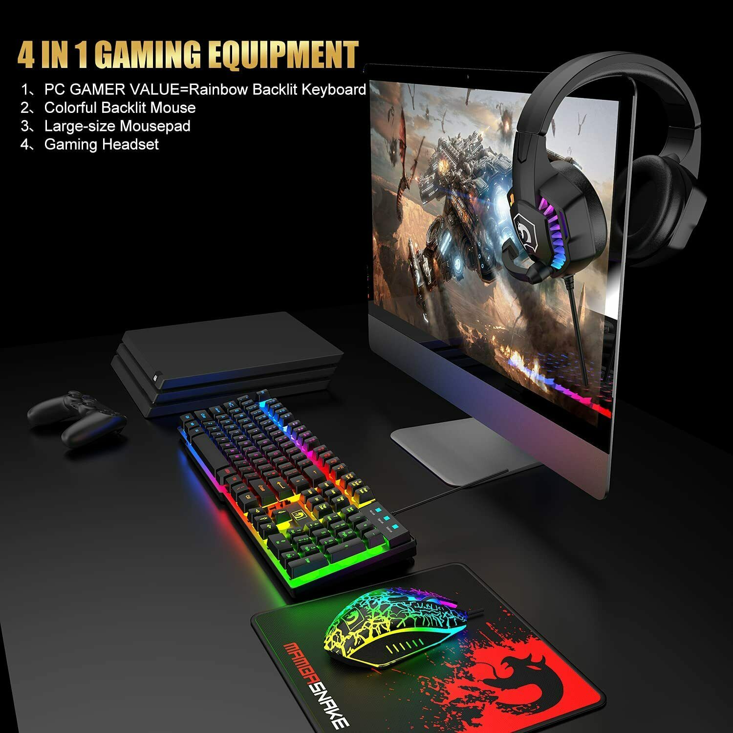 Gaming setup with the 4-in-1 bundle's RGB keyboard, mouse, mouse pad and headset around a monitor