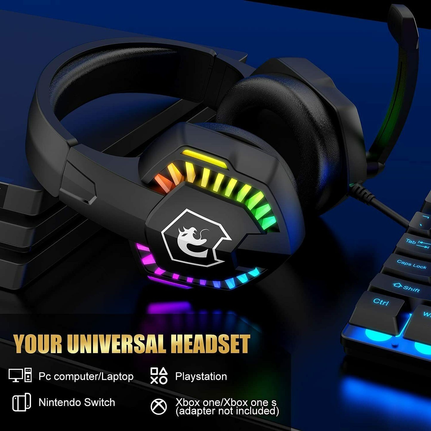 Bundle gaming headset with rainbow RGB earcup lighting shown beside a keyboard with platform compatibility icons