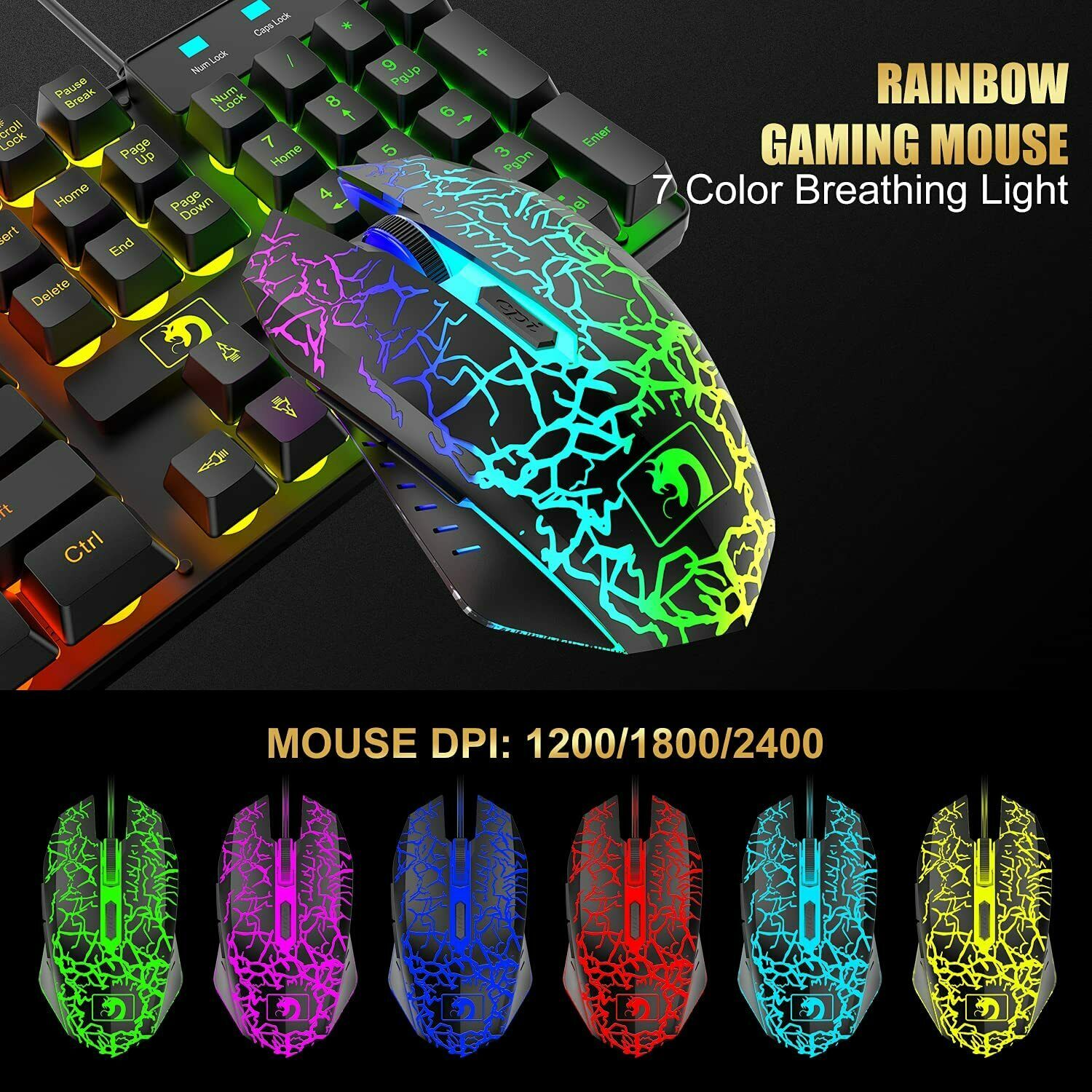 Crackle-pattern RGB gaming mouse from the bundle with 7-colour breathing light and 1200/1800/2400 DPI