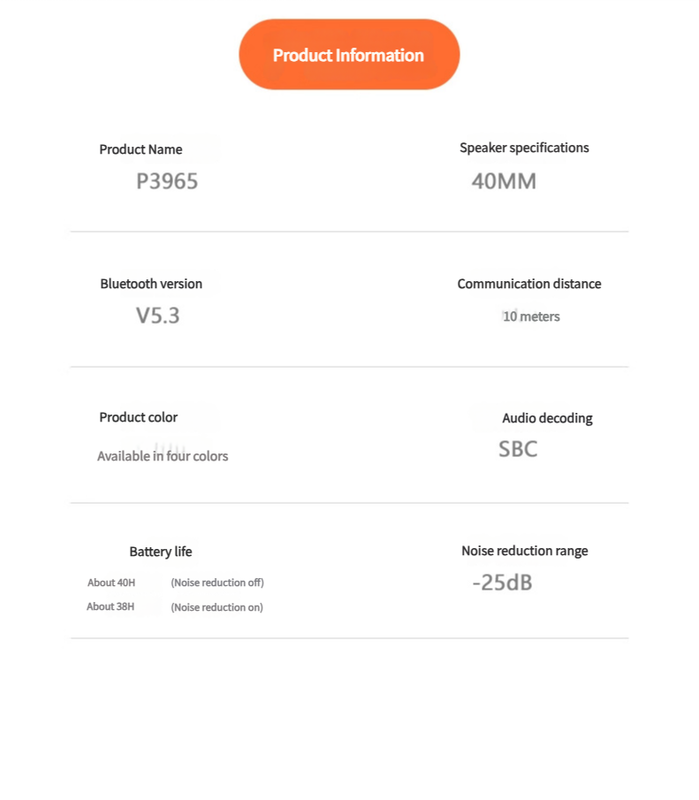 P3965 spec card listing 40mm driver, Bluetooth 5.3, 10m range, 40h battery and -25dB ANC